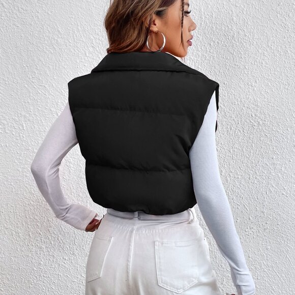 Black Casual Women's Zipper Front Vest Padded Coat - Picture 3 of 6